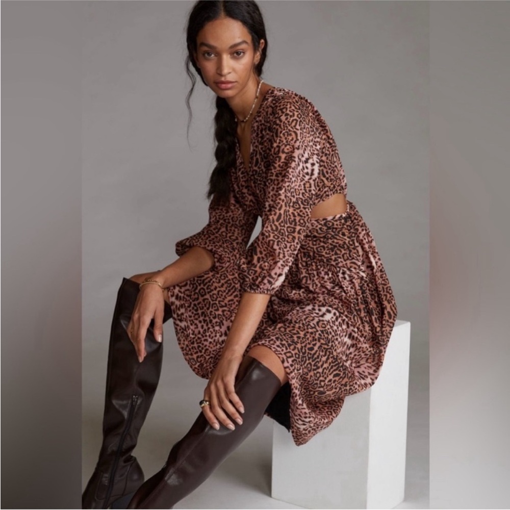 NEW Anthropologie Ranna Gill Cut Out Leopard Midi Dress Large